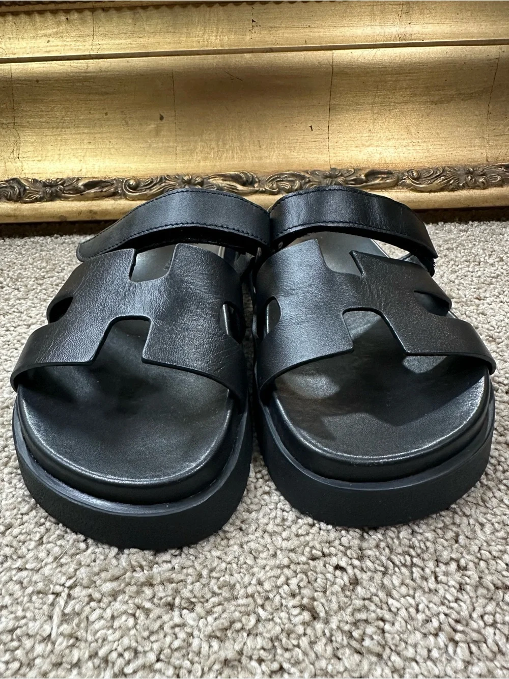 New Steve Madden Mayven Black Leather Flatform Sandals Size 7.5 $89.95